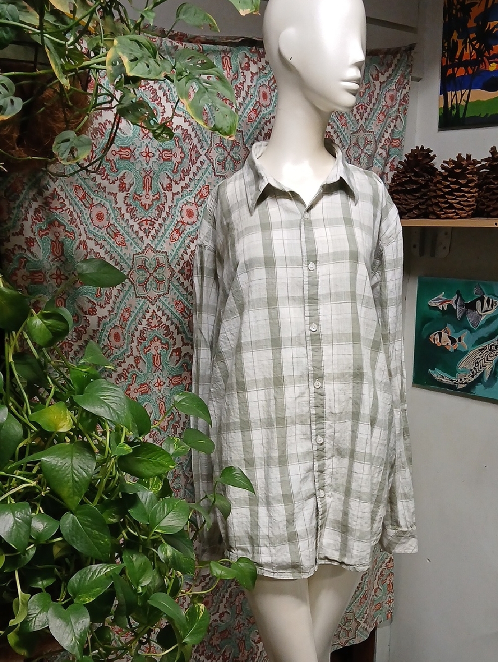 California Shirt Co. Light Green Cotton Plaid Button-Down Shirt, Size XL